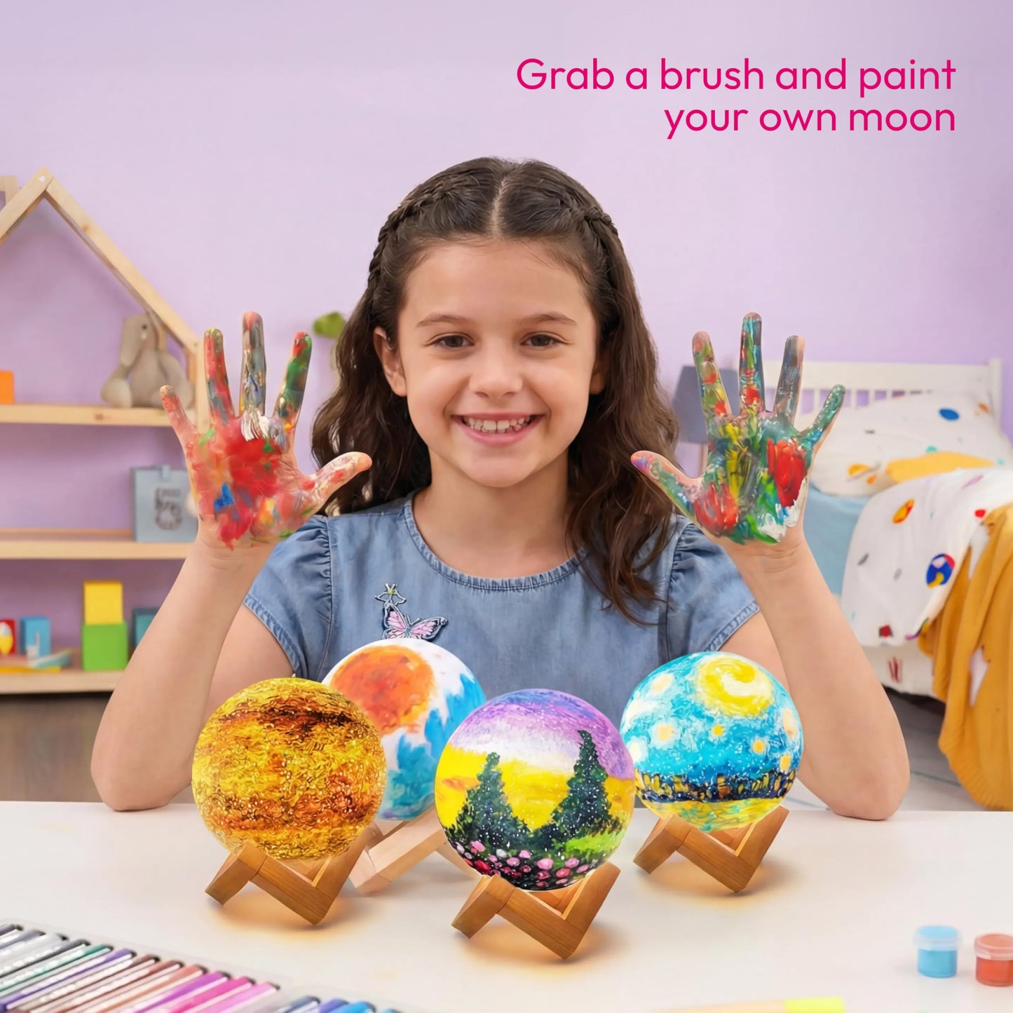 Klever Kits DIY 3D Moon Night Light, Paint Your Own Moon Lamp Kit Galaxy Lamp Arts and Crafts Kit, School Activities, Birthday Gifts for Kids Girls Boys