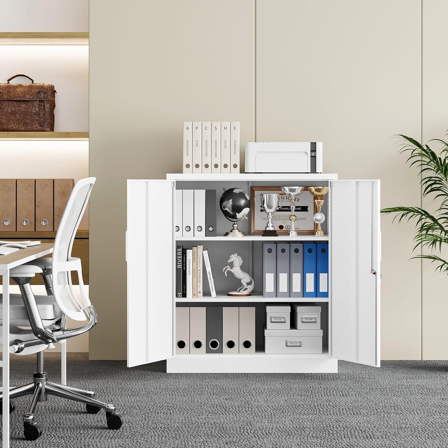 Yizosh Metal Garage Storage Cabinet - Lockable 35.5" Steel File Cabinet with 2 Adjustable Shelves | White