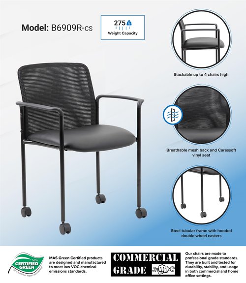 Boss Office Products Mesh and Vinyl Guest Casters Chair, Black