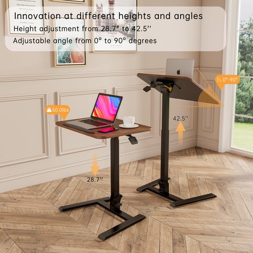 alawooder Mobile Folding Desk 25 Inch - No Assembly Sit-Stand Desk,Height Adjustable Rolling Laptop Desk, Space-Saving Portable Desk with Wheels for Home Office Craft & Study, Brown