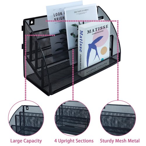 ideallife 4 Section Upright File Sorter Organizer, Desk File Organizer, Mesh Metal Desktop File Sorter for Office Classroom Desktop Organization, Black