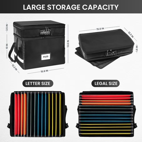 Fireproof Document Box with Lock-2 Layer File Cabinet Storage Bag with Multiple Pockets, Water-Resistant File Box with Reflective Strip-Document Organizer for Hanging Letter/Legal Folders, Certificate