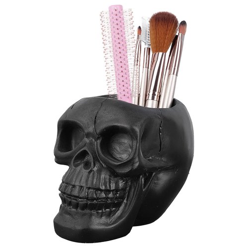 Black Skull Makeup Brush Holder, Skull Head Pen and Pencil Holder, Goth Skull Decor Desktop Organizer for Office Vanity Dresser Bathroom