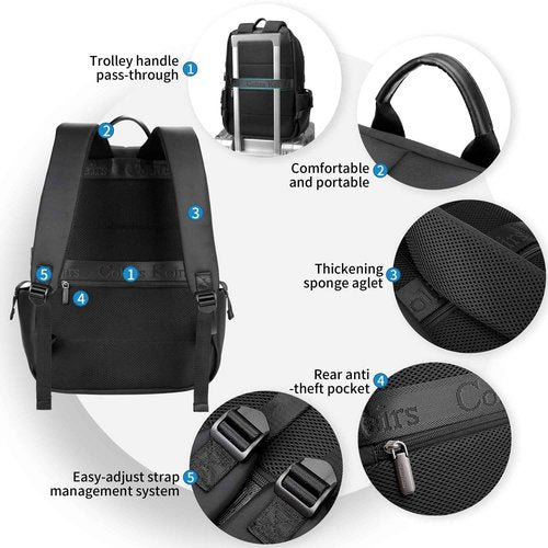 Colins Keirs 17 inch laptop backpack for men, business travel computer backpack with USB charging port and headphone jack, college school bookbag, black, large, 25 L
