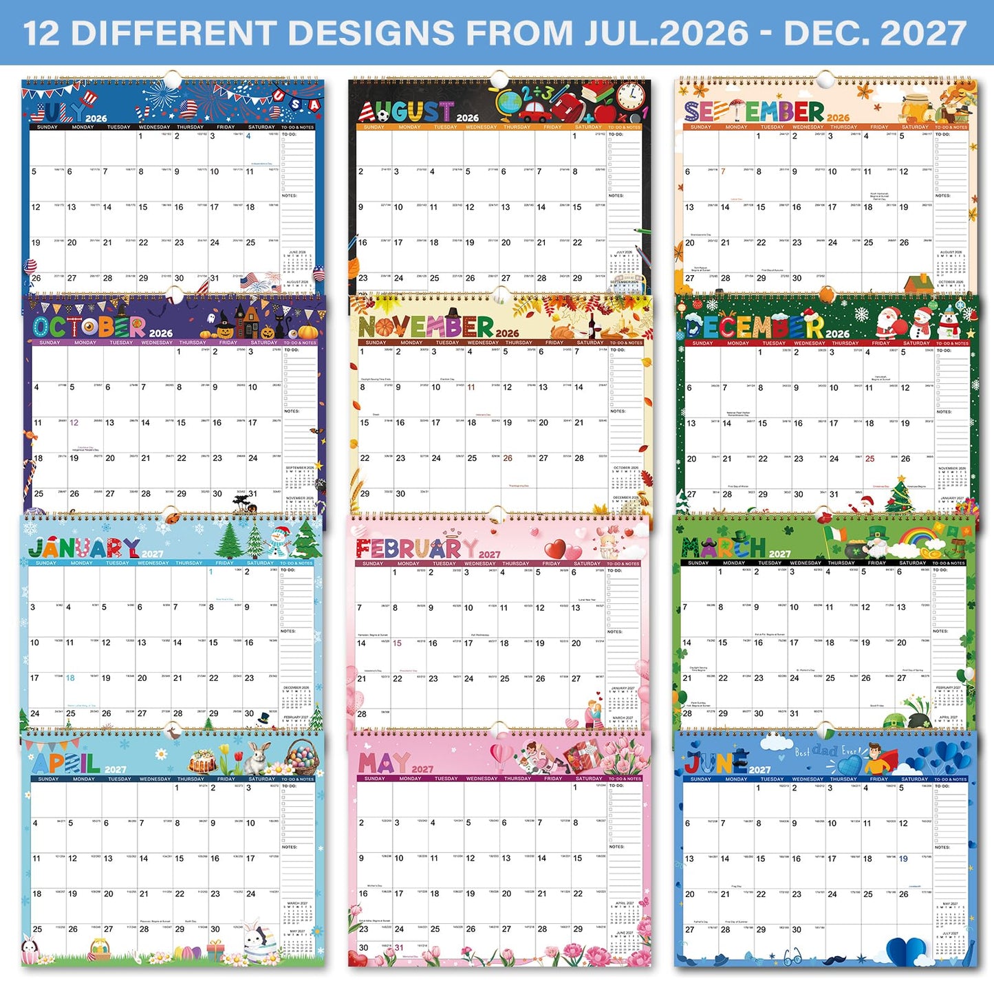 Calendar 2026-2027 - Wall Calendar 2026-2027, July 2026 - December 2027, 14.8" x 11.6", 18 Month Wall Calendar with Twin-Wire Binding, Hanging Hook - 12 Different Themes