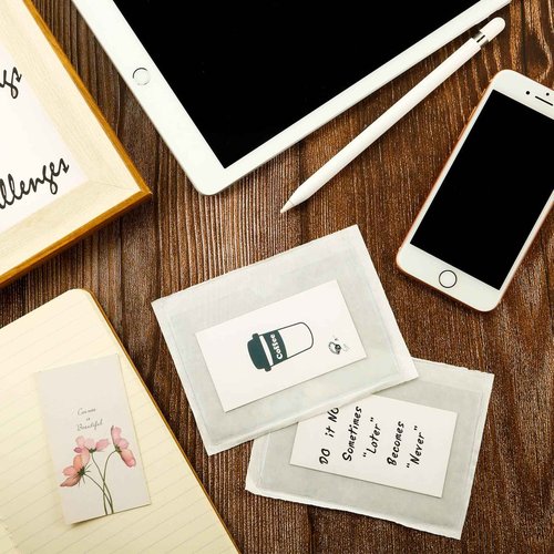 Outus 500 Pack Self Adhesive Index Card Holder Clear Plastic Label Pockets with Top Open for Loading Sticky Business Card Sleeves for Storage Bins Library Organizing Photo Protecting(3.6 x 4.8 Inch)