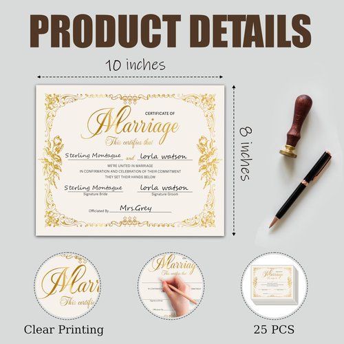 Marriage Certificates with Gold Foil Edges - 8 x 10 Inches Blank Certificate Paper Wedding Certificates Blank Marriage Certificate for Wedding Ceremony Proposals - A10