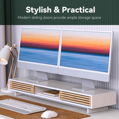 WELL WENG Dual Monitor Stand Riser with Sliding Door, Double Computer Laptop Stand Desk Shelf Organizer with Storage (White + Natural Bamboo, 38 Inch)