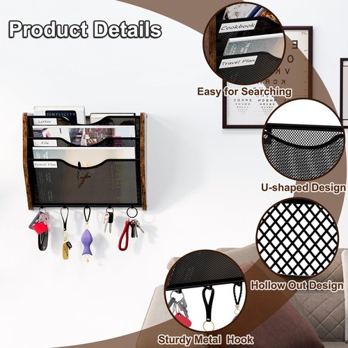 PAG-Mass Wall File Organizer With Hooks,3 Tier Mesh Mail Organizer Wall Mounted,Hanging File Organizer,Magazine Holder for Documents,Magazine,Literature,File,Mails,Envelopes