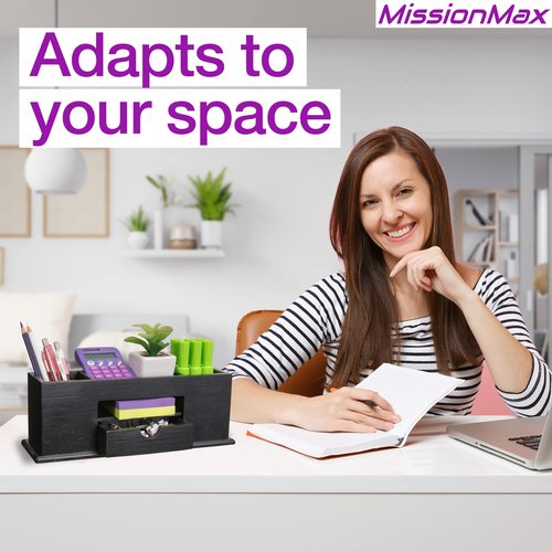 MissionMax Small Bamboo Black Caddy Desk Organizer and Storage with Drawer and Compartments for all your Office and Home needs