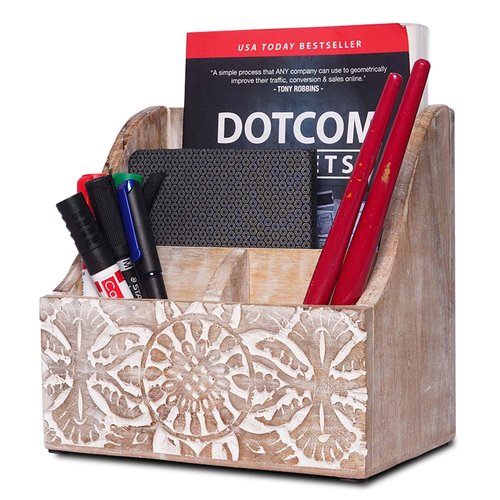 Mela Artisans Natural Wood Letter Holder for Desk w/Rustic Touch - Hand-Craved Wooden Desk Organizer - Multi-Purpose Wood Desk Organizer - Portable Shelf for Desk - 7.2” x 5.1” x 7.3”