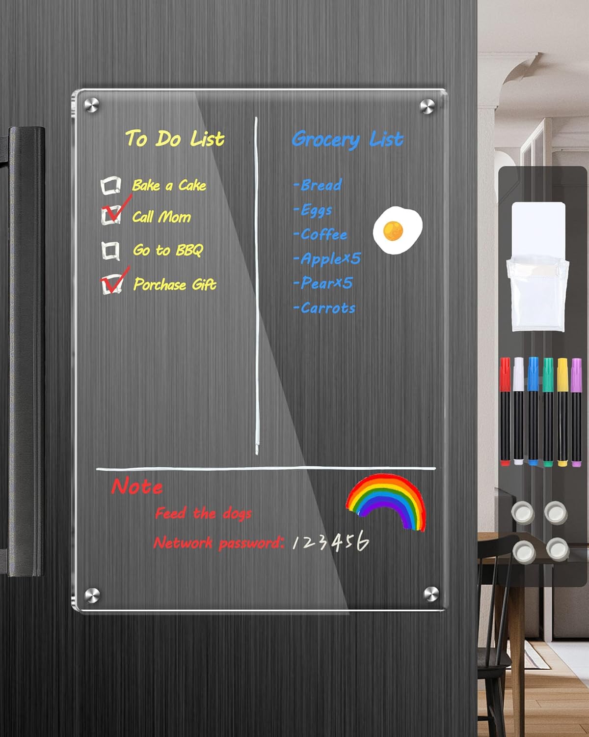 Skiennix Clear Acrylic Magnetic Dry Erase Board - 12"x8" Refrigerator Whiteboard with 6 Color Markers | Weekly Planner Calendar