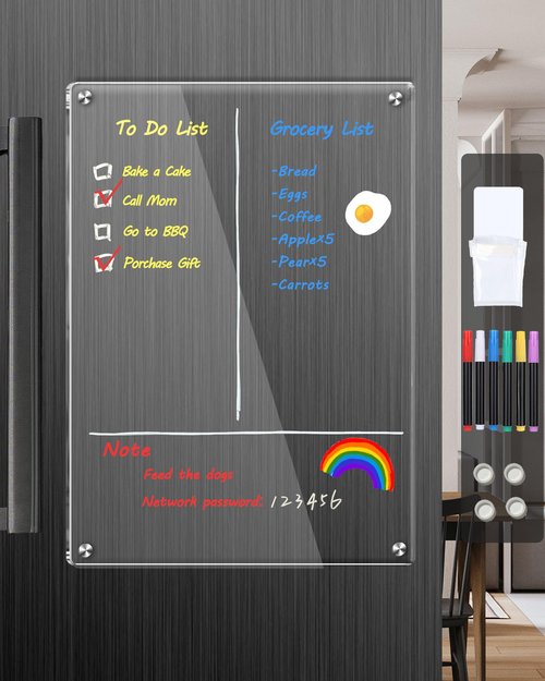 bamandan Clear Acrylic Magnetic Dry Erase Board for Fridge,12"x8" Magnetic Whiteboard for Fridge, Magnet Weekly Planner Calendar for Refrigerator Includes 6 Colors Markers