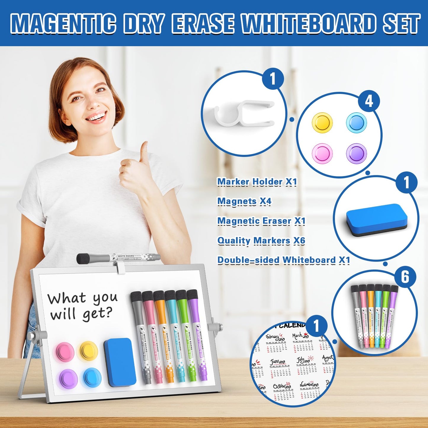 Grtard Magnetic Dry Erase White Board with Stand, 12''x8'' Double-Sided White Board, Desktop Whiteboard with Stand, Magnetic WhiteBoard Portable, Dry Erase Board for ToDo, Drawing