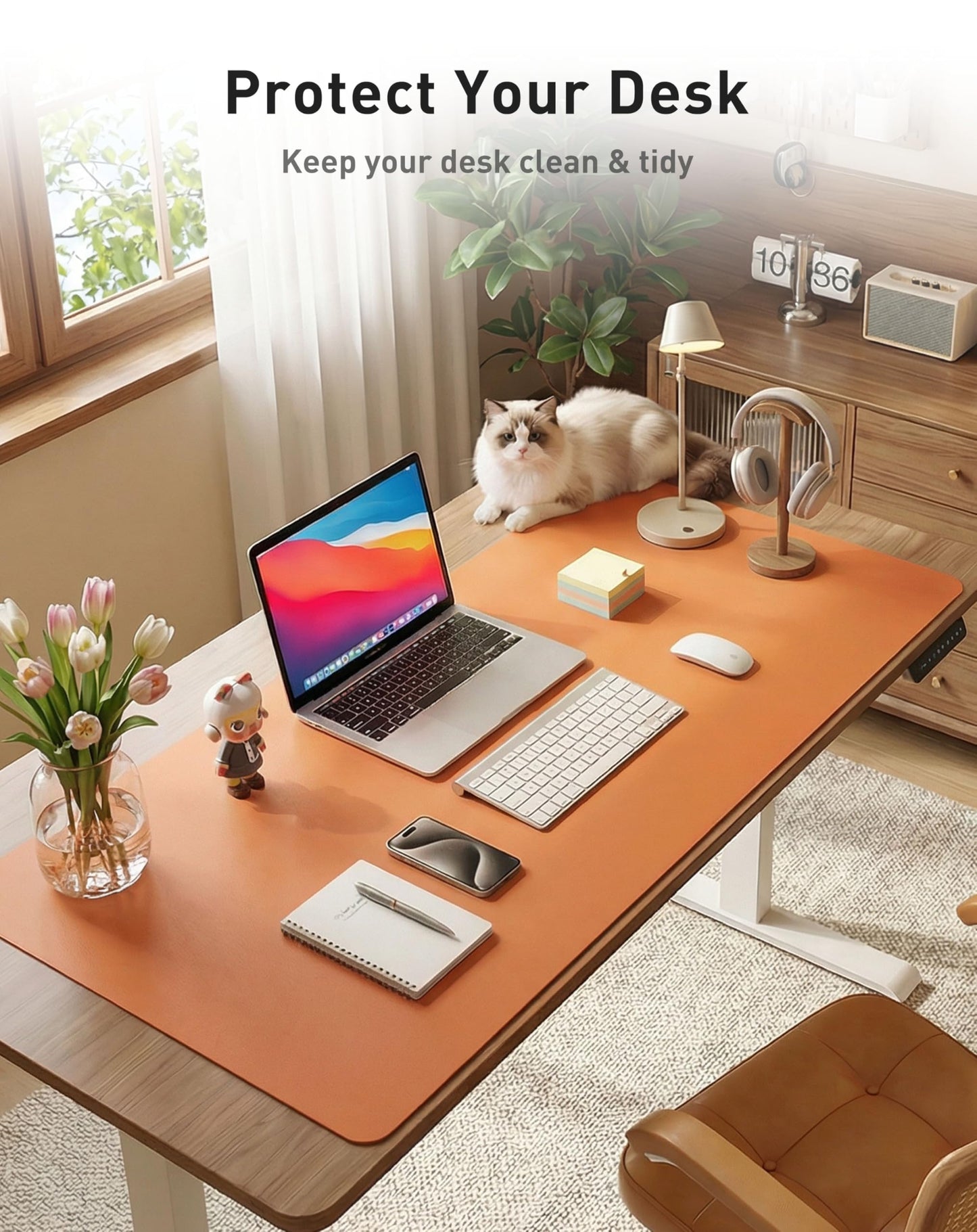 Aothia Faux Leather Desk Mat - Large Mouse Pad, Non-Slip PU Leather Blotter, Waterproof Writing Surface for Office and Home (Hermes Orange, 42" x 17")