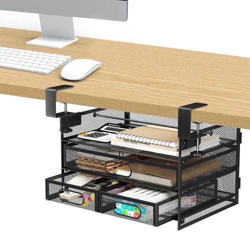 Under Desk Drawer Organizer, Large Under Desk Storage Side Drawers for Home & Office, L12.9xW9.6xH8.1 Drill-Free Clamp-on Installation for Small Space, Spacious Storage for Office Supplies, Papers