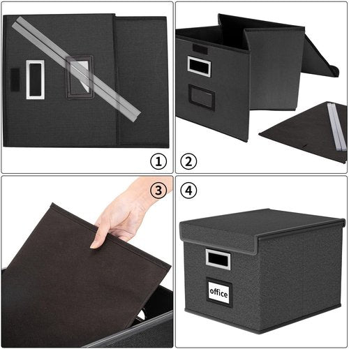 Huolewa Upgraded Portable File Organizer Box, Large Linen Hanging Office Document Storage Box with Lid - Black, Collapsible Filing & Storage Boxes for Office/Decor/Home - 14.9 x 12.59 x 10.8 inch