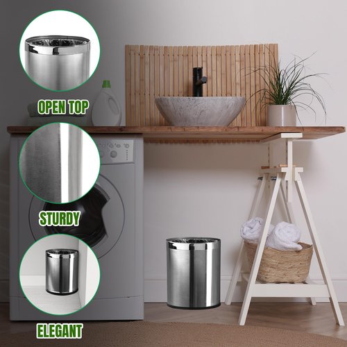 Brelso 'Invisi-Overlap' Open Top Stainless Steel Trash Can, Small Office Wastebasket, Modern Home Décor, Round Shape