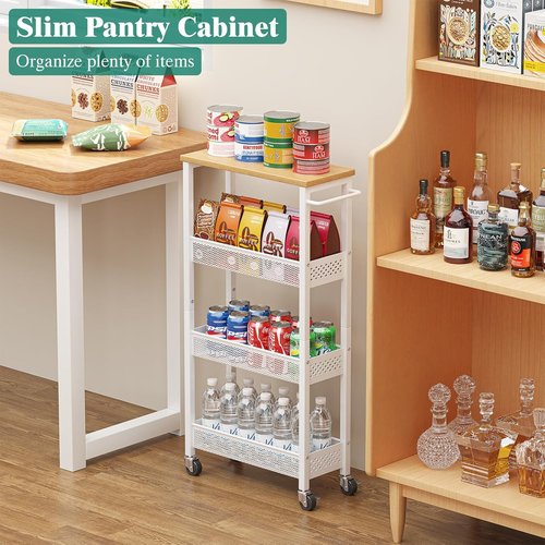 Giwil Slim Rolling Storage Cart - 4-Tier Bathroom Organizer with Wood Top & Handle | White