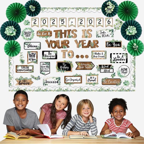 Pasimy This is Your Year Bulletin Board Borders Eucalyptus Plant Inspirational Classroom Decoration Welcome Back to School Bulletin Board 3D Paper Fans for School Office Home Chalkboard Wall Decor