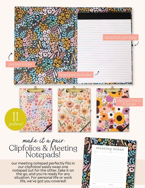 Elyse Breanne Design, Clipfolio, Portfolio and Clipboard, Includes 40 Lined Sheets Legal Pad, Built-in Pocket Folders, to Keep Organized and Professional, Summer Meadows