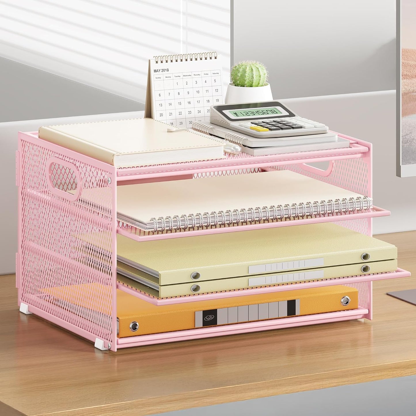 Subekyu Desk Organizer - Pink Metal Mesh Letter Tray with Handle & 2 Sliding Trays for Home Office