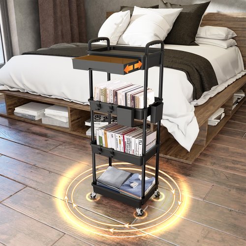 4 Tier Rolling Utility Cart with Drawer,REBECAT Utility Cart Made of Multifunctional Storage Organizer Tool for Kitchen,Bathroom,Living Room,Office(Black)