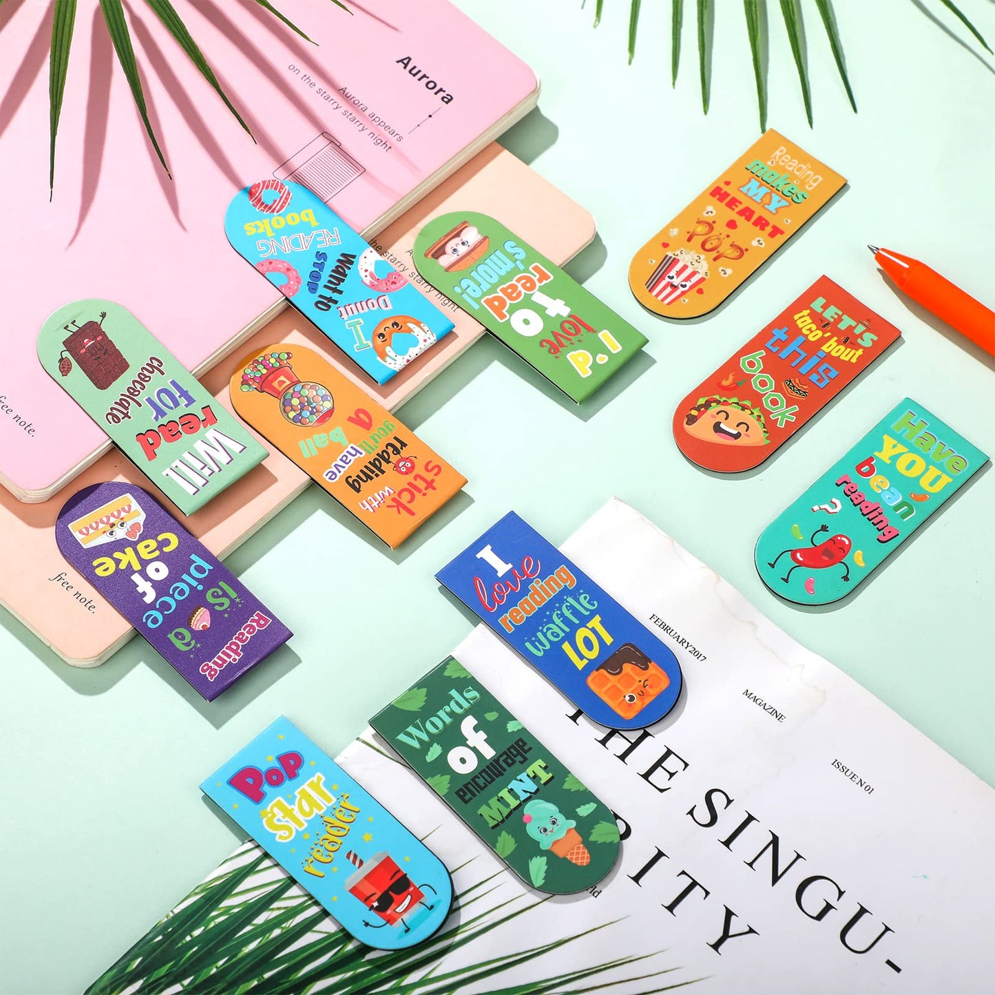 48 Pack Scented Bookmarks Magnetic Scratch and Sniff Fruit Food Bookmarks for Kids Cute Page Markers with Sayings for Kids Students Teens Teachers (Food Flavor)