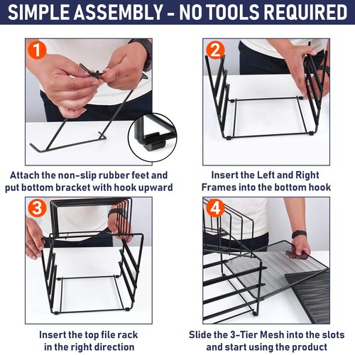 Mesh Desk Organizer and Storage, Office Organizer with 3 Sliding Letter Trays and 5 Vertical File Holders, Steel Mesh File Rack for Binders, Folders, and Clipboards. Letter Tray for Desk Organization