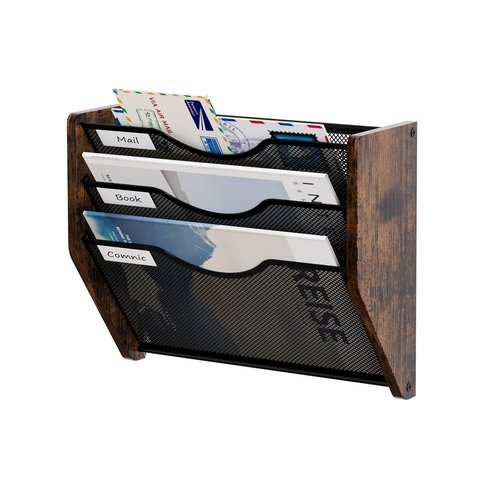 Senhoglb Mesh Hanging Wall File Organizer, 3-Tier File Holder Wall Mounted Magazine Rack With Pockets Wood Document Storage Mail Organizer for Office Home, Antique Brown