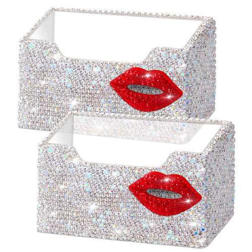 2 Pcs Funny Bling Business Card Holder for Women Valentines Day Business Card Holder Red Lip Rhinestones Acrylic Card Holder Business Card Organizer Desk Business Name Card Holder Stand for Women