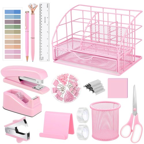 16 Pcs Pink Desk Organizers and Accessories, Pink Office Supplies for Desk Women with Stapler and Tape Dispenser Pen Holder Staples Staple Remover Ruler Scissors Tab Tape Pen Clips