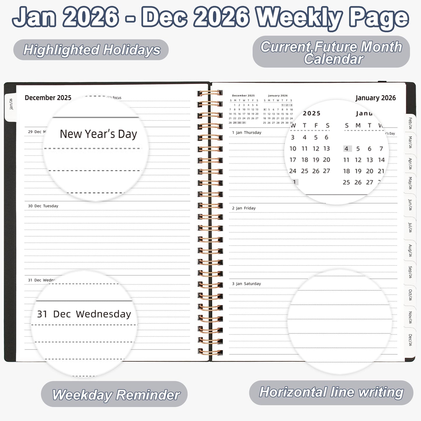 2026 Daily Planner, Jan.2026-Dec.2026, 6.2" x 8.4", 2026 Planner Weekly and Monthly, Calendar Planner 2026 with Tabs & Pocket, 100GSM Thick Paper, Black