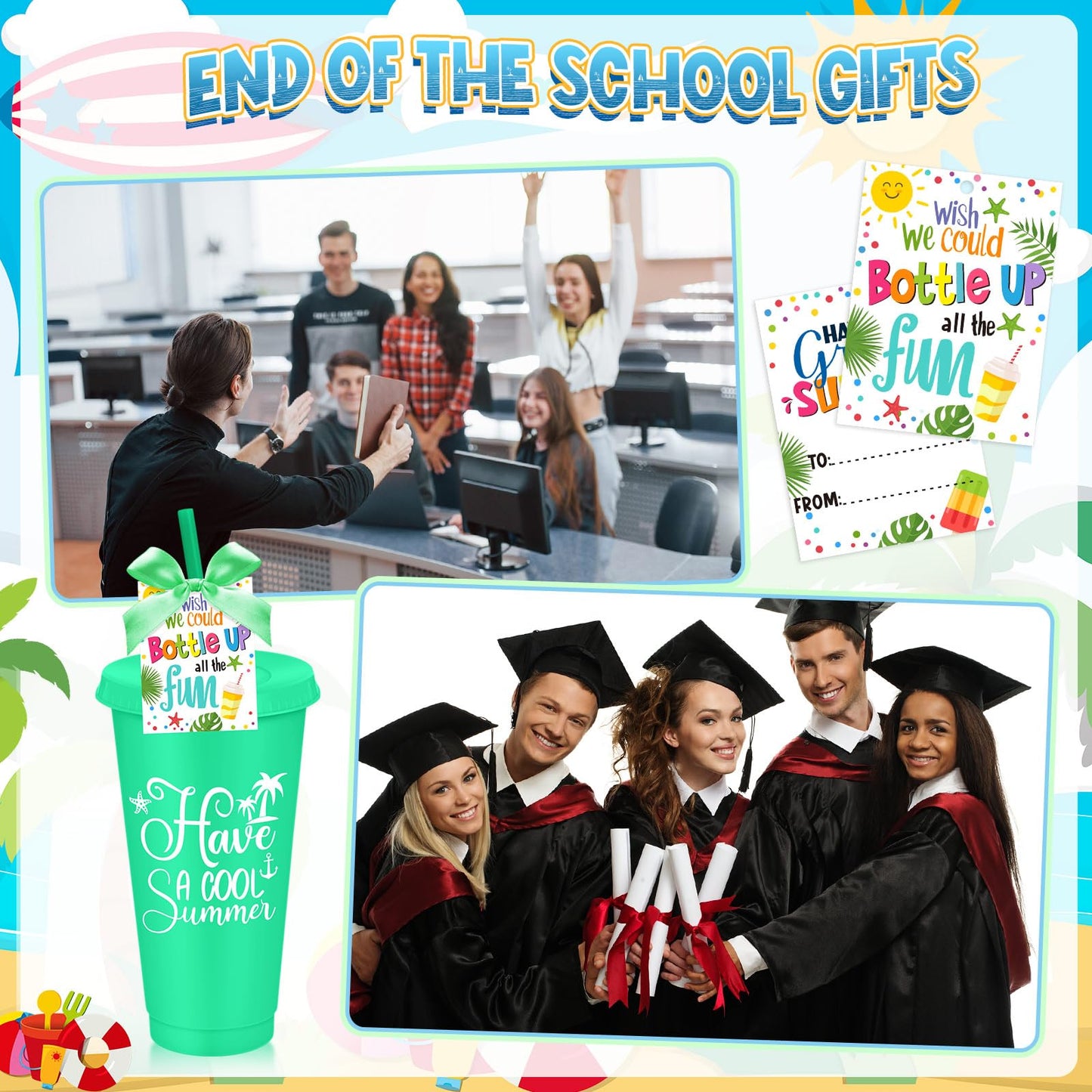 Teenyyou 24 Packs End of The Year Gifts for Student 24 oz Summer Plastic Cups with Lid and Straw Bulk Summer Graduation Reusable Tumblers with Cards for Pool Vacation Party Supplies(Classic)