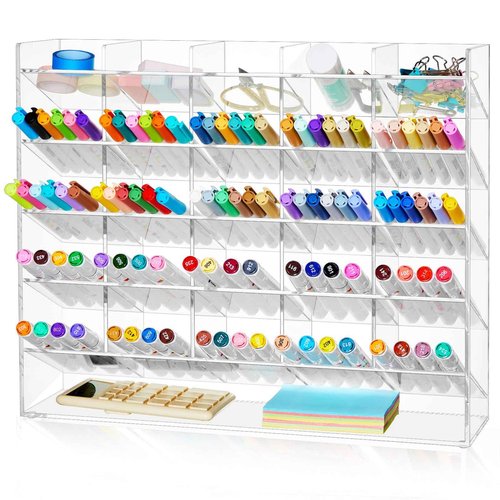 MotiMind Acrylic Pen Organizer Storage for 300 Markers Vertical Marker Organizer Acrylic Pen Display Holder for Office Desk Desktop Stationery Pencil Storage, Clear, 15 x 4 x 12.4 Inch