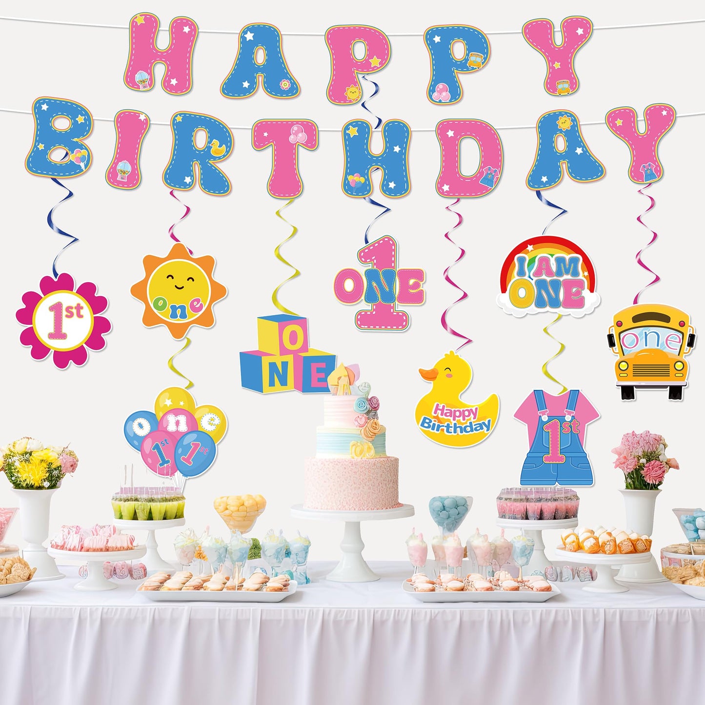 English Teacher 1st Birthday Party Decorations Cartoon Girls 1st Hanging Swirl Banner English Teacher Party Hanging Swirl Garland for Cartoon Girls Fans Baby Shower Birthday Room Supplies Decorations