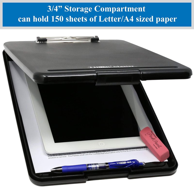 Think2Master Black Plastic Storage Clipboard. | 25% Heavier & 25% Sturdier| Heavy Duty and Won’t Flex or Bend Like Other Brands (Compare The Weight). Storage Compartment Holds 150 Letter Sized Paper.