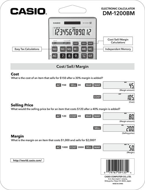 Casio DM-1200BM – Business Desktop Calculator with Cost/Sell/Margin & Tax Keys | Extra-Large 12-Digit Display, Kickstand | Ideal for Office & Finance Use