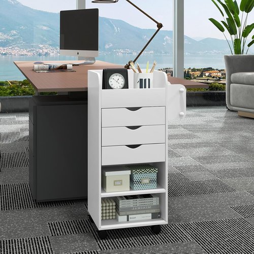 Nightcore Rolling Storage Drawer Cart, Mobile Chest of Drawers, 3 Shelves, 3 Slots, 2 Rolling Rods, Organizer Cabinet w/Lockable Casters, Wide Storage Space for Home Office, Living Room, Study (White)