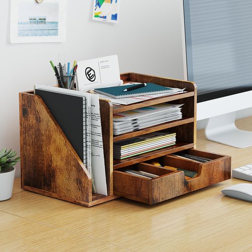 NiOffice Wood Desk File Organizer with Side File Rack, Space-Efficient Design Easy to Assemble for Efficient Office Setup, Reduces Desk Clutter (Brown)