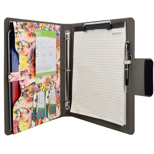 Padfolio Ring Binder with Color File Folders, Flower Painting PU Leather Organizer Portfolio with 3-Ring Binder and Clipboard (Pink)