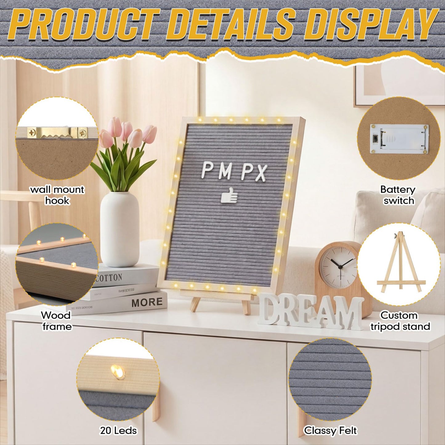 wearage 12 x 16 Inch Changeable Felt Letter Board with LED Lights, Message Custom Felt Letter Board with Wooden Stand and 300 Letters for Pregnancy Announcement Classroom Decor Poster (Grey)