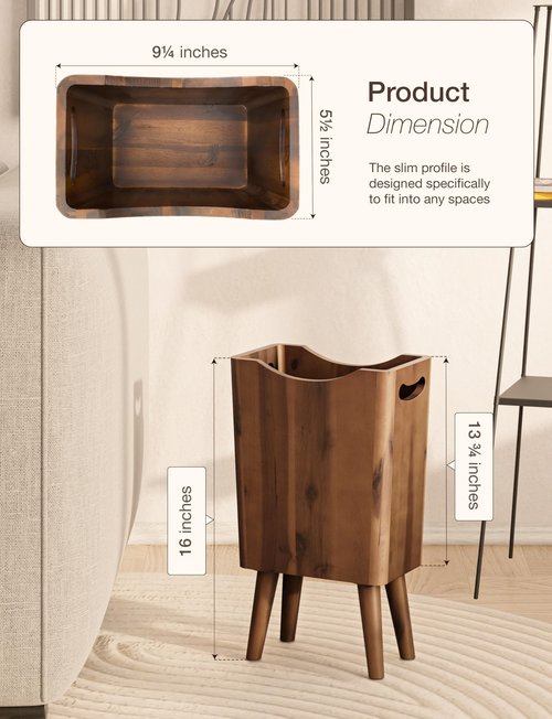 TIDITA 2 Gallons Wooden Trash Can 4 Legs - Acacia Wooden Bin, Wood Bathroom Accessories - Small Bin, Waste Basket For Bedroom, Office Garbage Can - Bathroom Trash Can, Assembly Required (Walnut color)