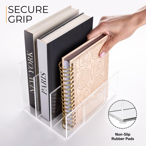 Legacy3 Durable Acrylic File Organizer - 4mm Thick Acrylic File Holder with 3 Section - Acrylic Desk Accessories with Busines Card Holder Included - 9" (L) x 6.5" (W) x 6.5" (H)