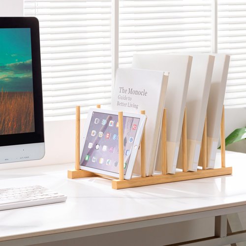 HBlife Desk File Organizer 5 Section Upright File Sorter, 2 Pack Bamboo File Holder for Home, Office & School