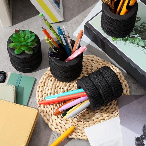 Crtiin 4 Pcs Tire Shaped Pen Holder Car Tire Planter Holder for Men Mechanic Gift Desk Office Home School Accessories Decor Christmas Novelty Funny Supplies Cactus Succulent Planter Pot