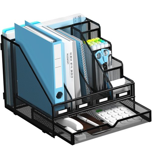 Desk File Organizer, 4 Vertical Compartments Rack + 4 Pen Holders + Drawer File Organizer, Metal Desk Magazine Folder Holder for Office, Home, School, Black