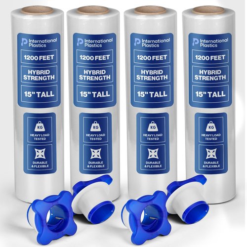 International Plastics Co. 4 Pack of 15" Plastic Stretch Film/Wrap with Tension Handles 1200ft 500% Stretch Clear Durable Adhering Packing Moving Packaging Heavy Duty Shrink (Tension Handles, 4 Pack)