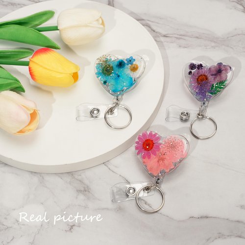 3 Pcs Flower Badge Reel Nurse Retractable Badge Holder Floral Cute Medical Badge Clips with Key Ring Flower Name ID Holder for Teacher Nurse Doctor Worker (Heart Style C)