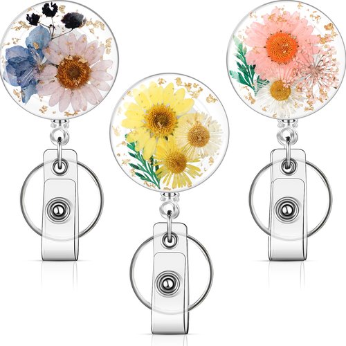 3 Pcs Flower Badge Reel Convenient Nurse Badge Reels Retractable with Key Ring Badge Holder Dried Floral Resin ID Badge Clip for Teacher Nurse Doctor Worker (Round)